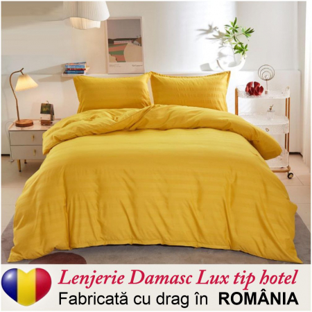 LENJERII - Lenjerie pat Damasc Lux tip hotel - 6 piese, pat dublu (GALBEN)