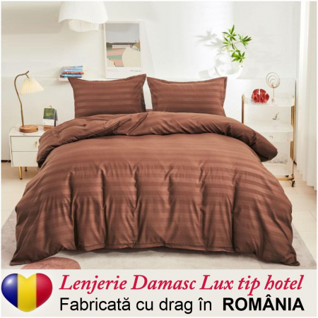 LENJERII - Lenjerie pat Damasc Lux tip hotel - 6 piese, pat dublu (MARO caramiziu)