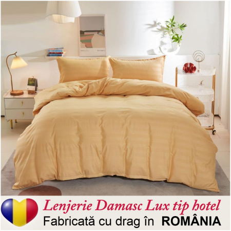 LENJERII - Lenjerie pat Damasc Lux tip hotel - 6 piese, pat dublu (CARAMEL)
