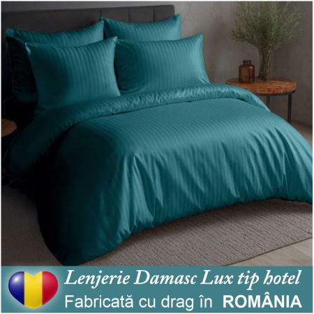 LENJERII - Lenjerie de pat Damasc Lux tip hotel - 6 piese, pat dublu (VERDE persan)