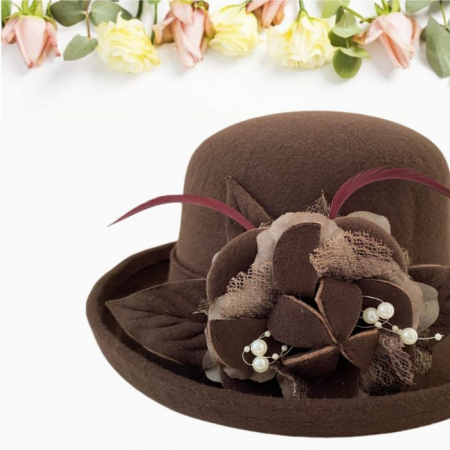 Palarie dama cu boruri elegante si decor luxuriant GLORIOSSA (MARO mahon) - marime unica, reglabila [3]