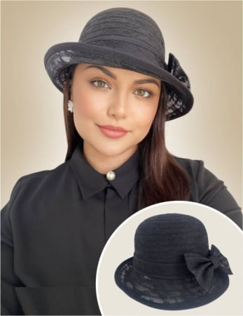 NOUTATI-PALARII SOARE - Palarie dama din organza dantelata cu flori ANTONIA LUX-palarie negru, reglabila