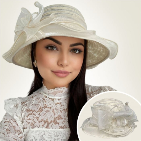Palarie dama organza cu margini dantelate SPLENDOR crem, reglabila [2]