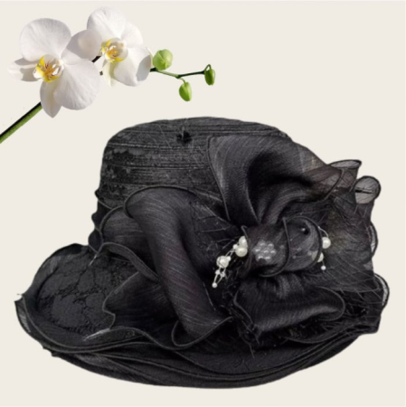 Palarie dama organza cu margini dantelate SPLENDOR negru, reglabila [3]