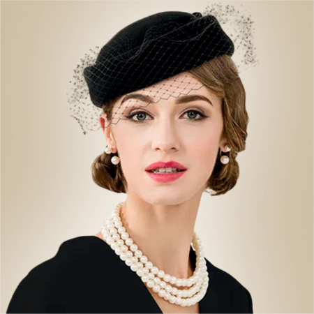 Palarie de dama din fetru lux tip toca cu voaleta MISS PARIS (NEGRU) - marime unica, reglabila [1]