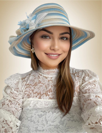 PALARII SOARE - Palarie de soare de lux din organza satinata VENETIA CHIC (ALBASTRU+CREM) - marime unica, reglabila