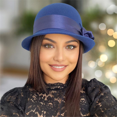 Palarie din fetru lux cu panglica din satin NOBLESS LUX (ALBASTRU) - marime unica, reglabila [3]