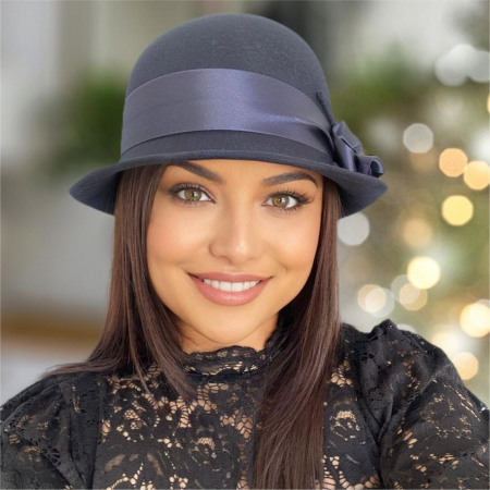 Palarie din fetru lux cu panglica din satin NOBLESS LUX (BLEUMARIN) - marime unica, reglabila [3]
