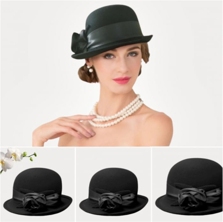 Palarie din fetru lux cu panglica din satin NOBLESS CHIC (NEAGRA) - marime unica, reglabila [2]