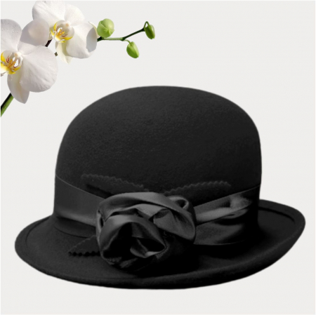 Palarie din fetru lux cu panglica din satin NOBLESS LUX (NEGRU intens) - marime unica, reglabila [4]