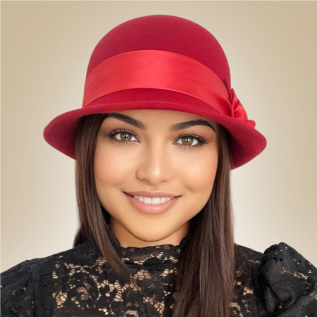 Palarie din fetru lux cu panglica din satin NOBLESS LUX (ROSU) - marime unica, reglabila [2]