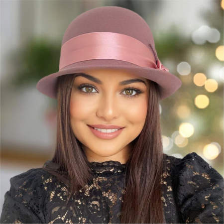 Palarie din fetru lux cu panglica din satin NOBLESS LUX (ROZ pudra) - marime unica, reglabila [3]