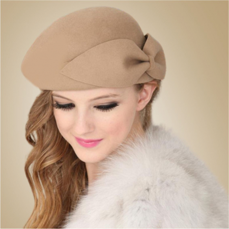 Cele mai vandute - Palarie toca din fetru lux cu funda eleganta PRINCESS LUX (MARO cappuccino) - marime unica, reglabila
