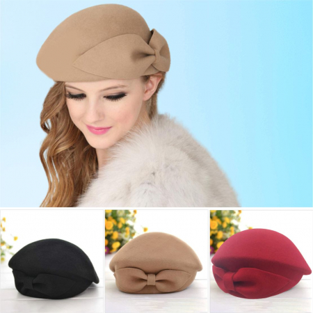 Palarie toca din fetru lux cu funda eleganta PRINCESS LUX (MARO cappuccino) - marime unica, reglabila [3]