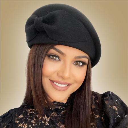 Cele mai vandute - Palarie toca din fetru lux cu funda eleganta PRINCESS LUX (NEAGRA) - marime unica, reglabila