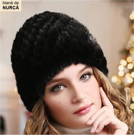 CACIULI NURCA - Caciula din blana de NURCA - Princess Lux (NEAGRA) - marime universala