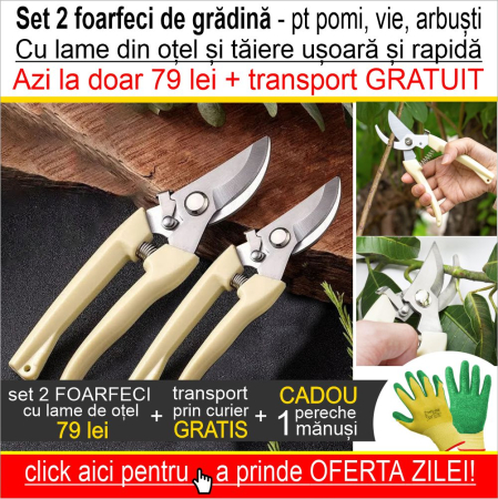 Set 2 foarfeci de gradina cu lame ascutite din otel, ce taie rapid si precis, manere imbracate in PVC, arc antisoc si siguranta [9]