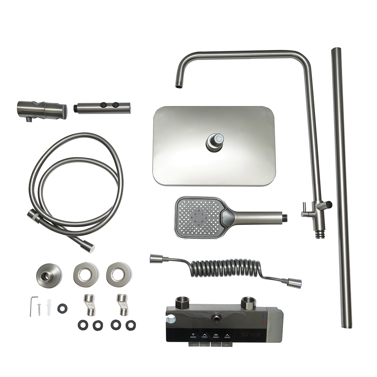 Set dus multifunctional cu termostat, afisaj digital temperatura apa, 4 functii de curgere a apei, pipa cada, dus dreptunghiular, dus de mana, dus bideu, gri [2]