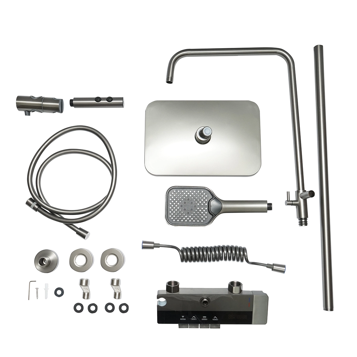 Set dus multifunctional cu termostat, afisaj digital temperatura apa, 4 functii de curgere a apei, pipa cada, dus dreptunghiular, dus de mana, dus bideu, gri [2]