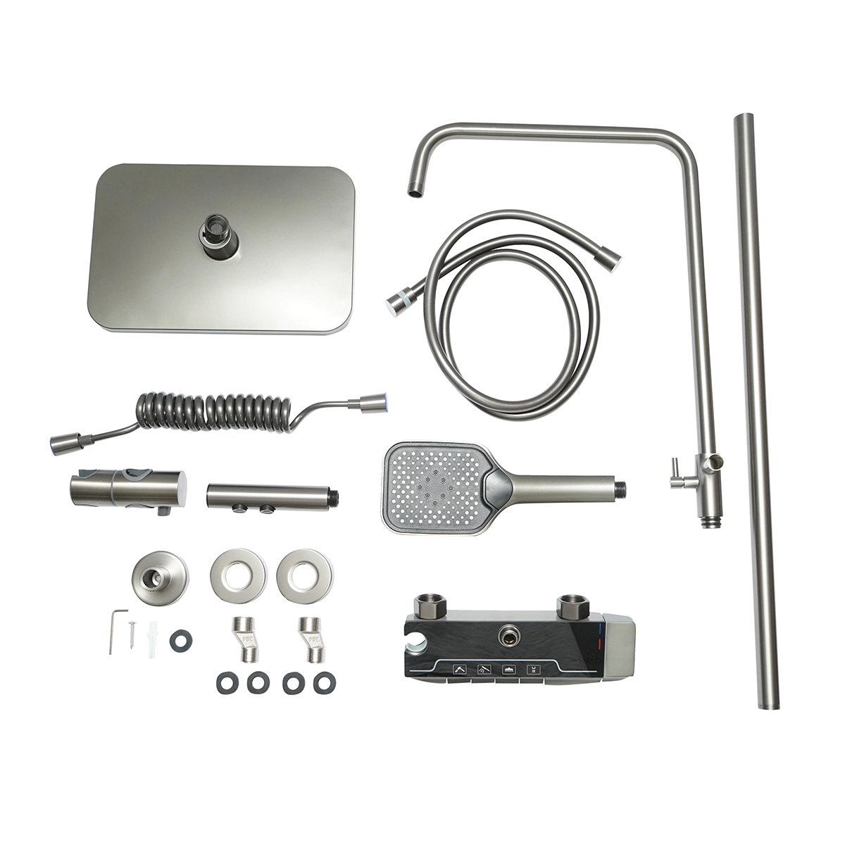 Set dus multifunctional cu termostat, afisaj digital temperatura apa, 4 functii de curgere a apei, pipa cada, dus dreptunghiular, dus de mana, dus bideu, gri [2]