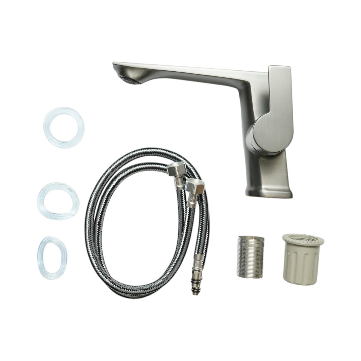 Baterie lavoar baie patrata, monocomanda, grafit mat, otel inoxidabil, furtunuri incluse [1]