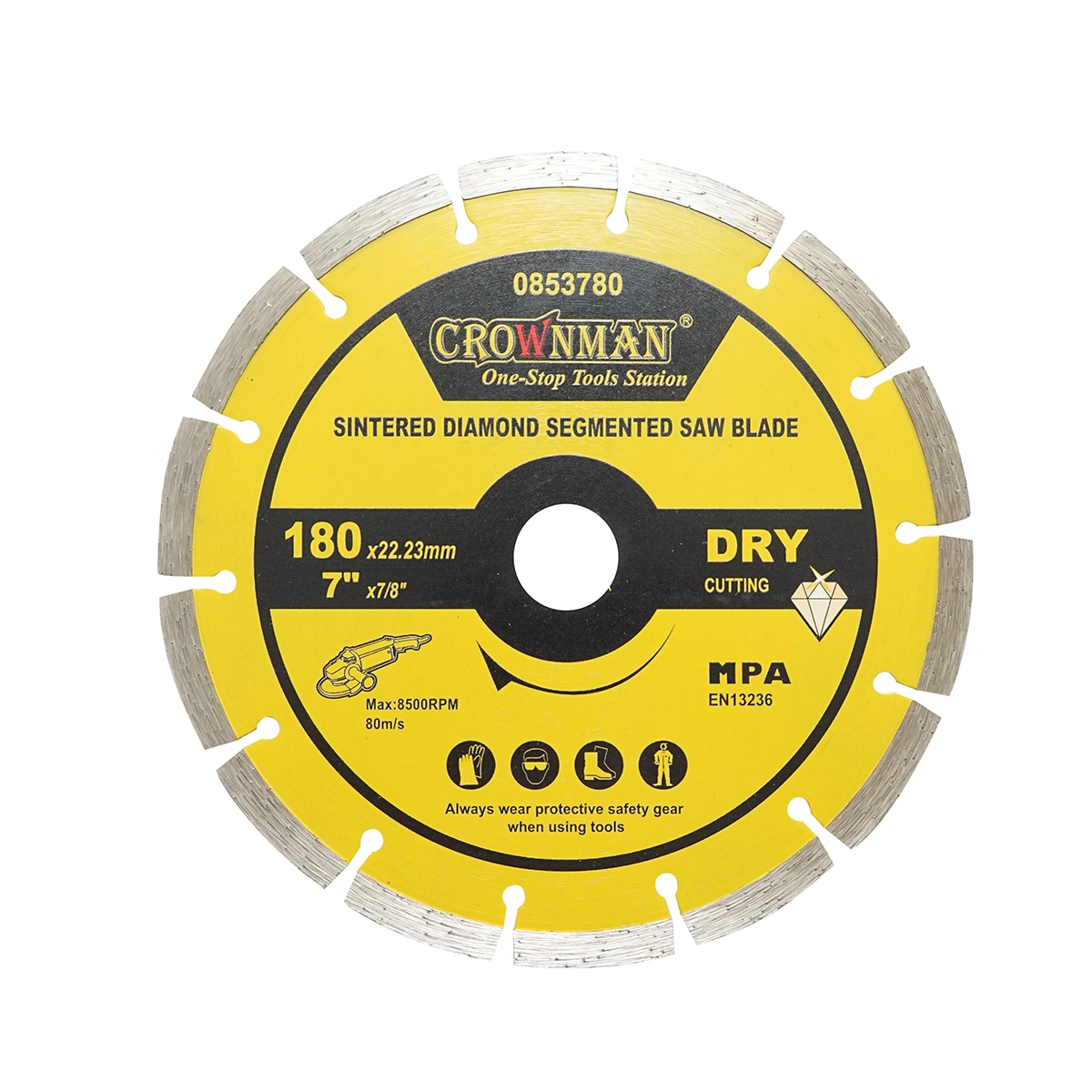 Accesorii taiere, polizare si slefuire - Disc diamantat segmentat 180x22.23mm, viteza max. 8500rpm, taiere uscata pentru beton, piatra, granit, marmura Crownman