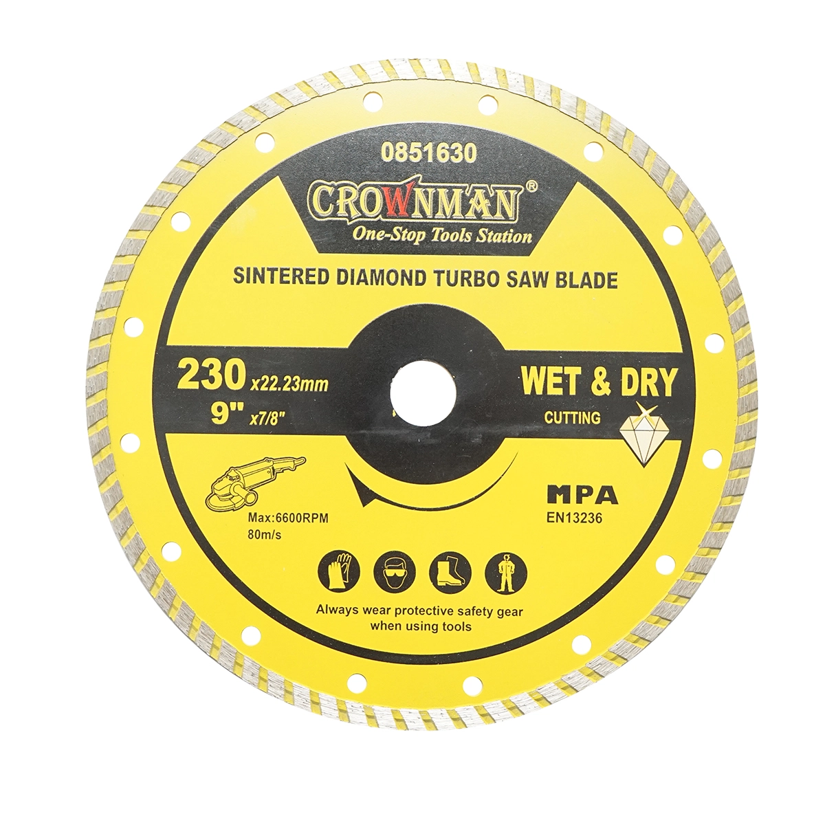 Accesorii taiere, polizare si slefuire - Disc diamantat turbo sinterizat 230x22.23mm, taiere umeda/uscata pentru piatra, gresie, ceramica, marmura Crownman