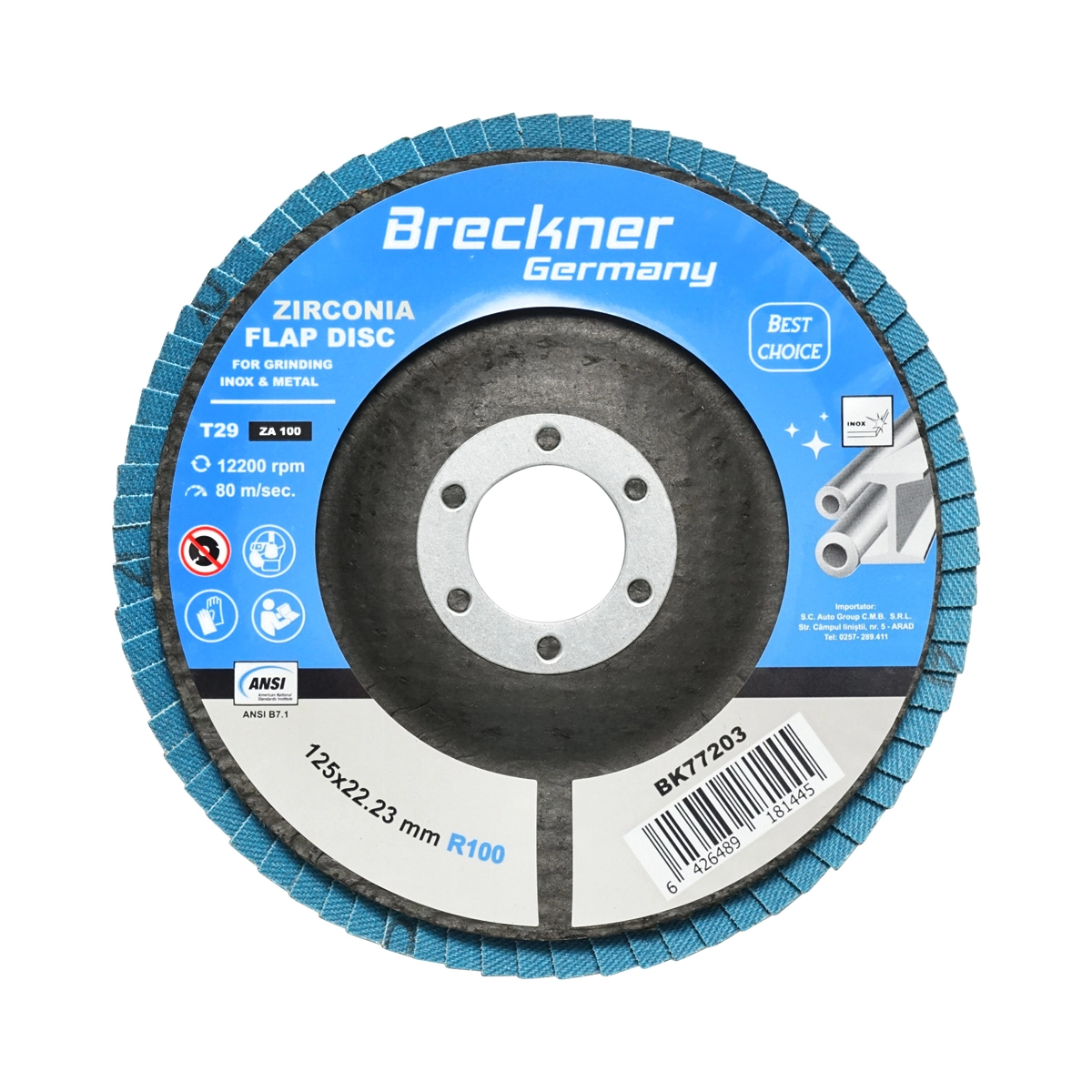 Scule si Unelte - Disc lamelar abraziv cu zirconiu 125mm, P100 pentru taiat si polizat metal, inox Breckner Germany