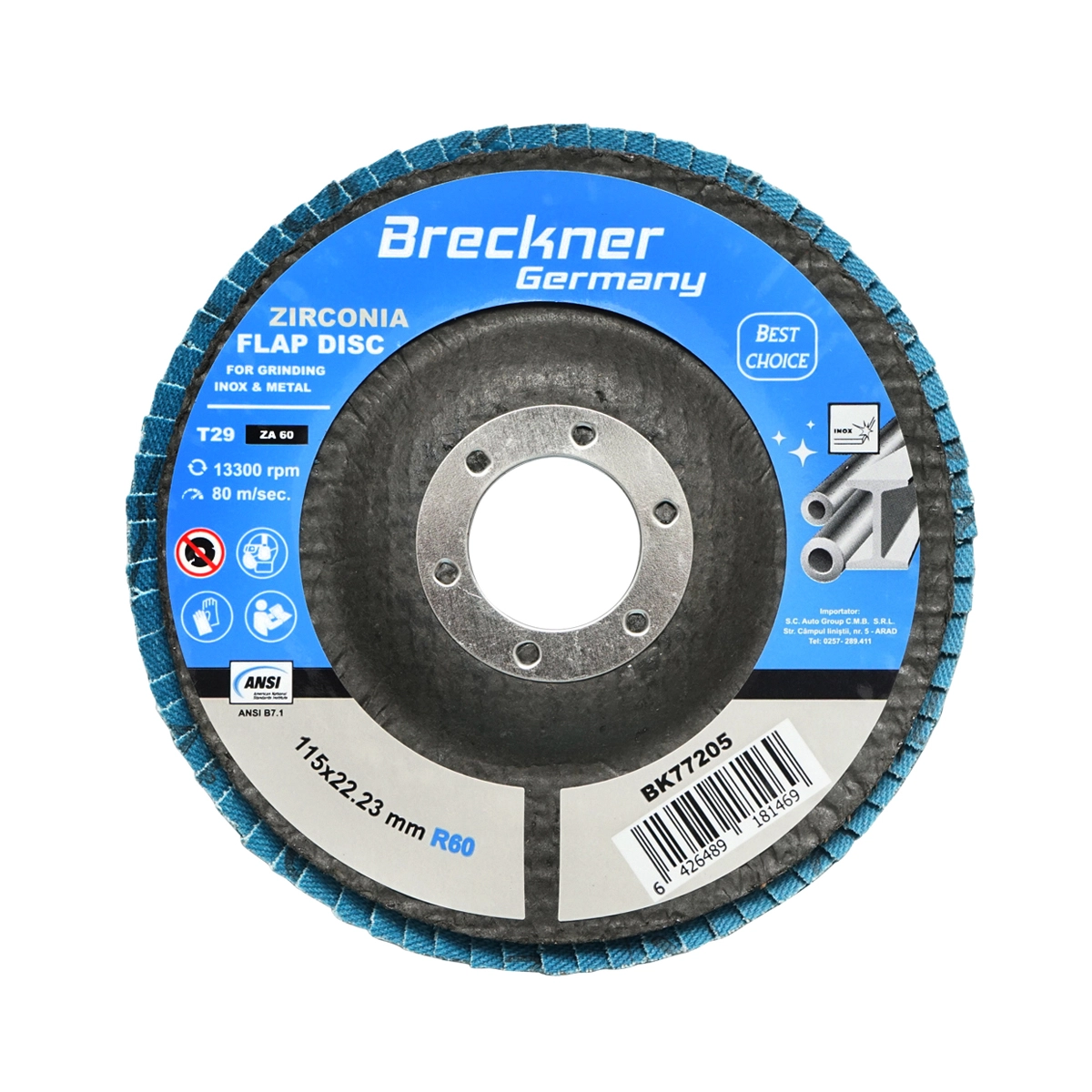 Accesorii taiere, polizare si slefuire - Disc lamelar abraziv cu zirconiu pentru metal si inox P60, 115mm Breckner Germany