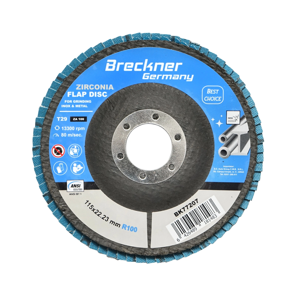 Accesorii taiere, polizare si slefuire - Disc lamelar abraziv cu zirconiu pentru polizat metal, inox P100, 115mm Breckner Germany