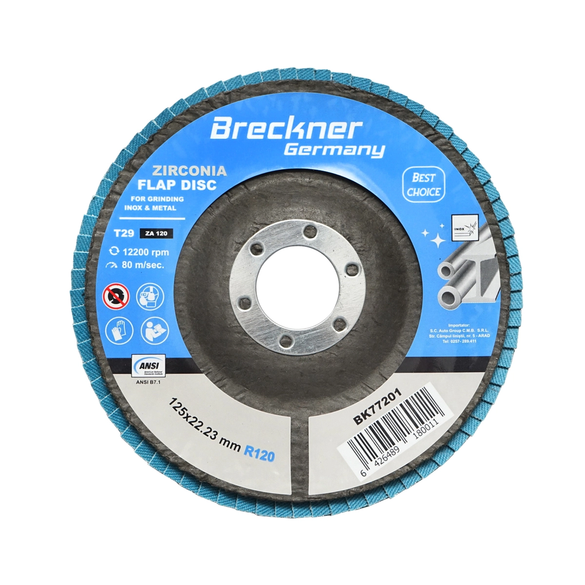 Accesorii taiere, polizare si slefuire - Disc lamelar abraziv cu zirconiu pentru taiat si polizat metal, inox P120, 125mm Breckner Germany