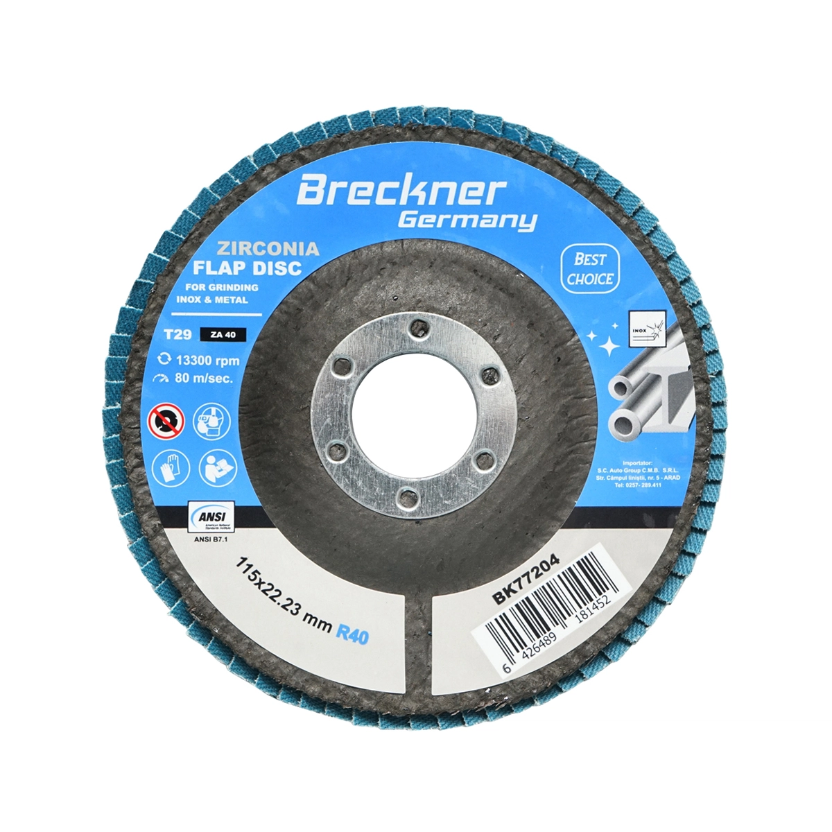 Accesorii taiere, polizare si slefuire - Disc lamelar abraziv cu zirconiu pentru taiat si polizat metal, inox P40, 115mm Breckner Germany