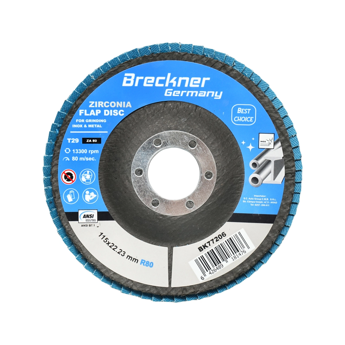 Scule si Unelte - Disc lamelar abraziv cu zirconiu pentru taiat si polizat metal, inox P80, 115mm Breckner Germany