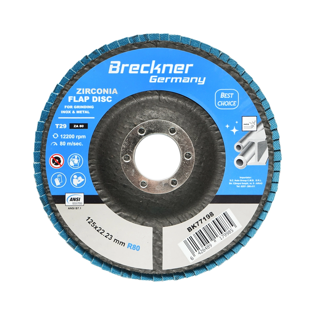 Accesorii taiere, polizare si slefuire - Disc lamelar abraziv cu zirconiu pentru taiat si polizat metal, inox P80, 125mm Breckner Germany