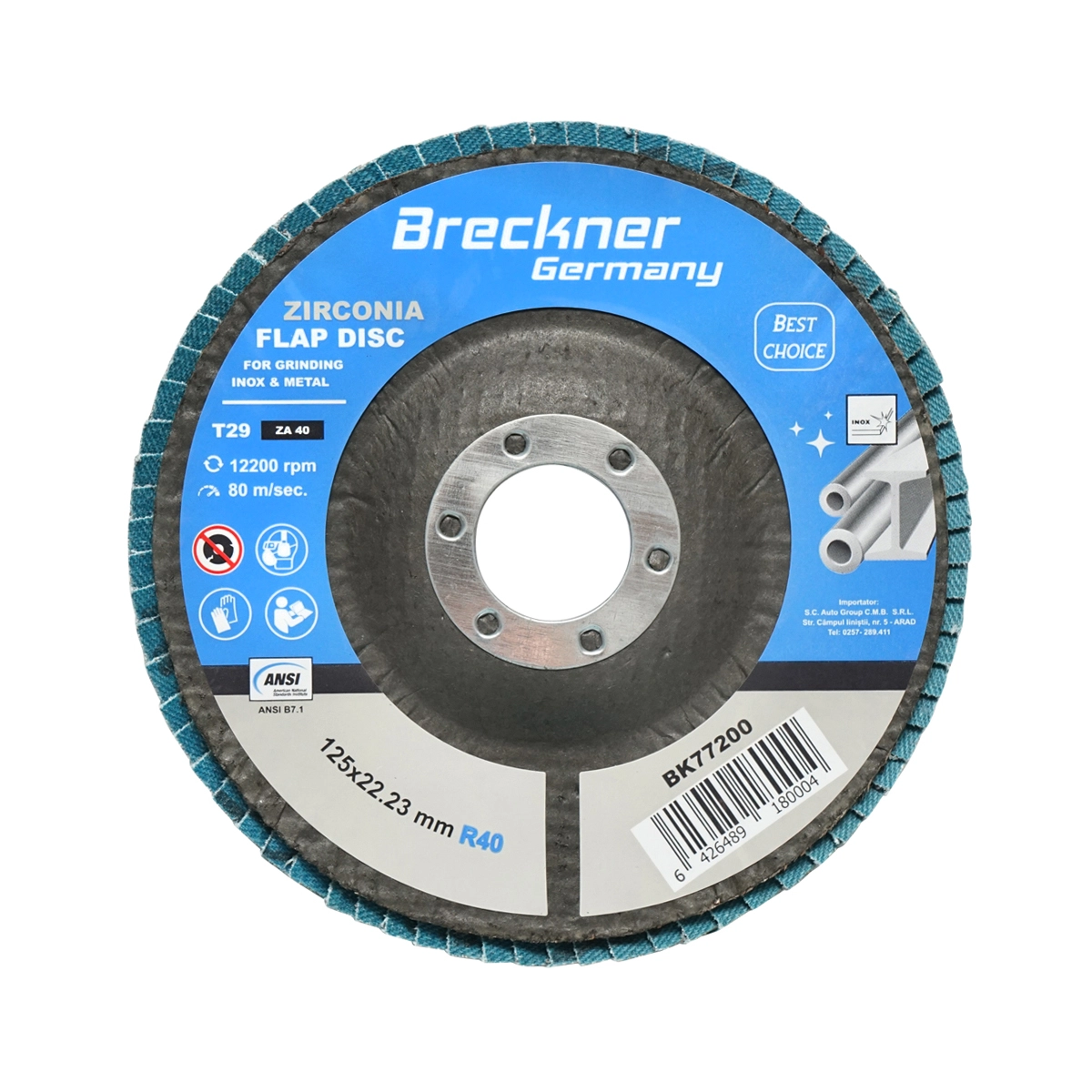 Accesorii taiere, polizare si slefuire - Disc lamelar abraziv cu zirconiu pentru taiat si polizat metal, inox R40, 125mm Breckner Germany