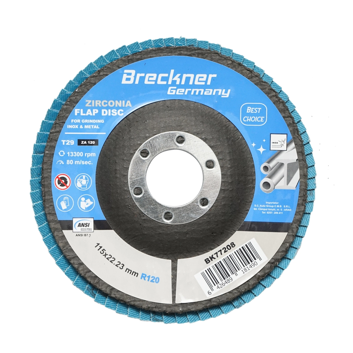 Accesorii taiere, polizare si slefuire - Disc lamelar abraziv cu zirconiu pentru taiat si polizat metal si inox P120, 115mm Breckner Germany