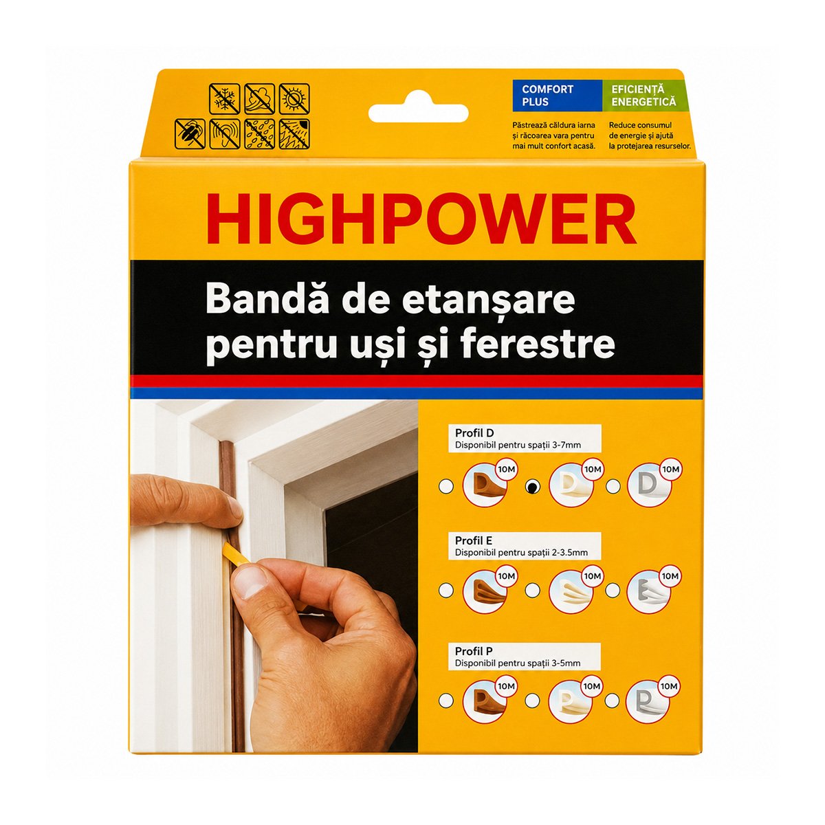 Benzi adezive - Garnitura etansare usi si ferestre alba autoadeziva 10m, profil D 3-7mm, EPDM HighPower