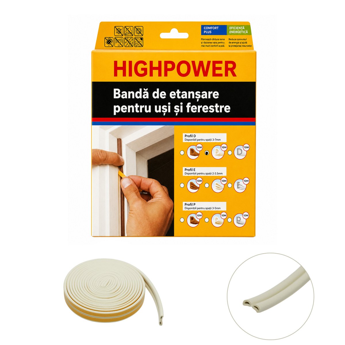 Garnitura etansare usi si ferestre alba autoadeziva 10m, profil D 3-7mm, EPDM HighPower [1]
