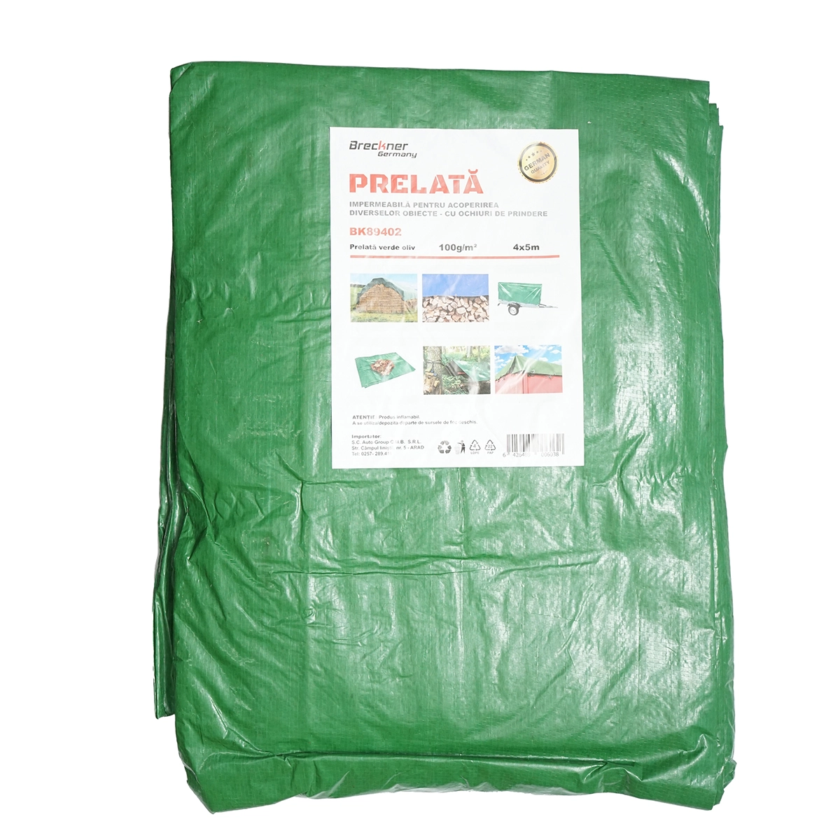 Prelate si accesorii - Prelata cu ochiuri de prindere 100g/m2 verde 4x5m Breckner Germany