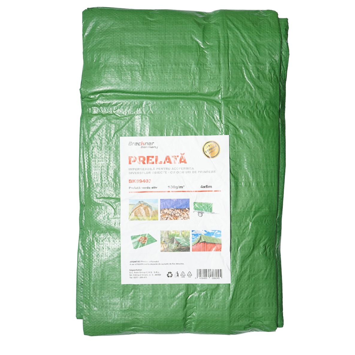 Prelate si accesorii - Prelata cu ochiuri de prindere 100g/m2 verde 4x6m Breckner Germany