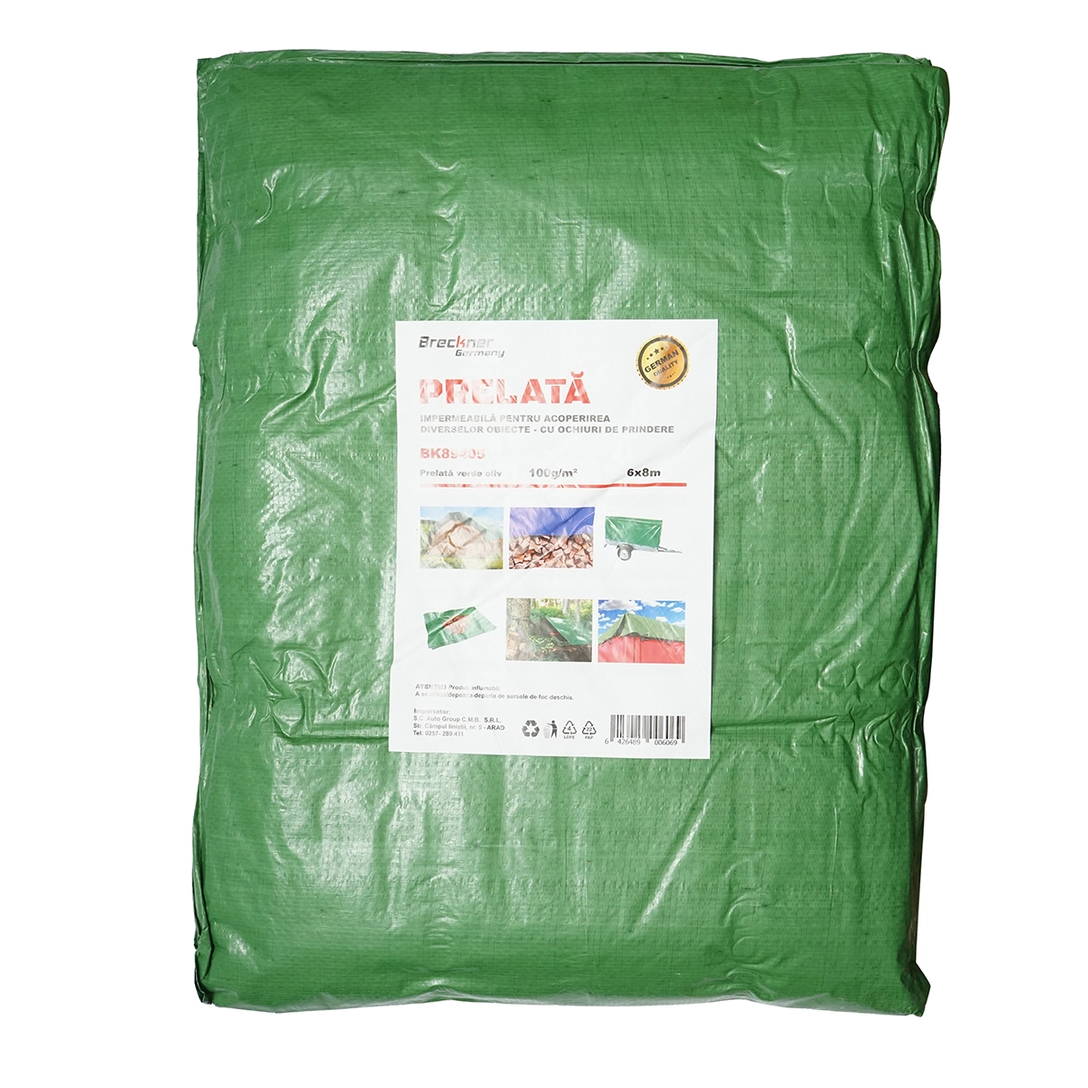 Prelate si accesorii - Prelata cu ochiuri de prindere 100g/m2 verde 6x8m Breckner Germany