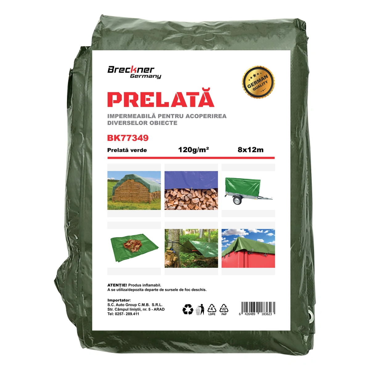 Prelate si accesorii - Prelata cu ochiuri de prindere 120g/m2 verde 8x12m Breckner Germany