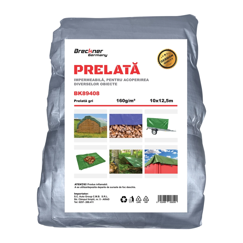 Prelate si accesorii - Prelata cu ochiuri de prindere 160g/m2 gri 10x12,5m Breckner Germany