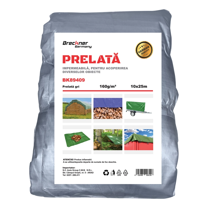 Prelate si accesorii - Prelata cu ochiuri de prindere 160g/m2 gri 10x25m Breckner Germany