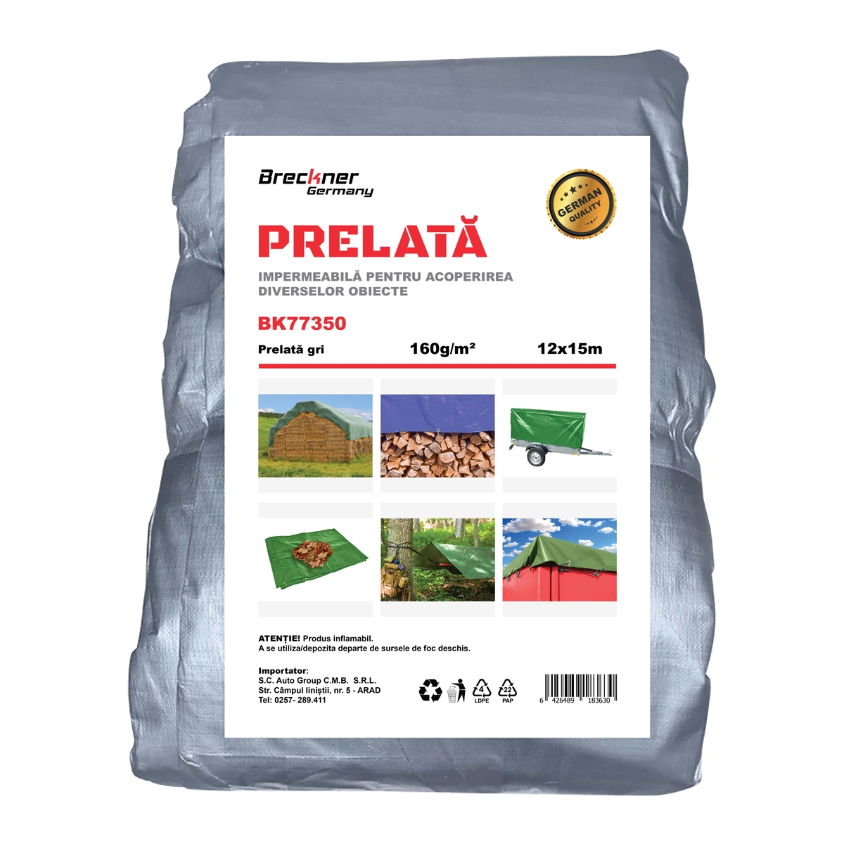 Prelate si accesorii - Prelata cu ochiuri de prindere 160g/m2 gri 12x15m Breckner Germany