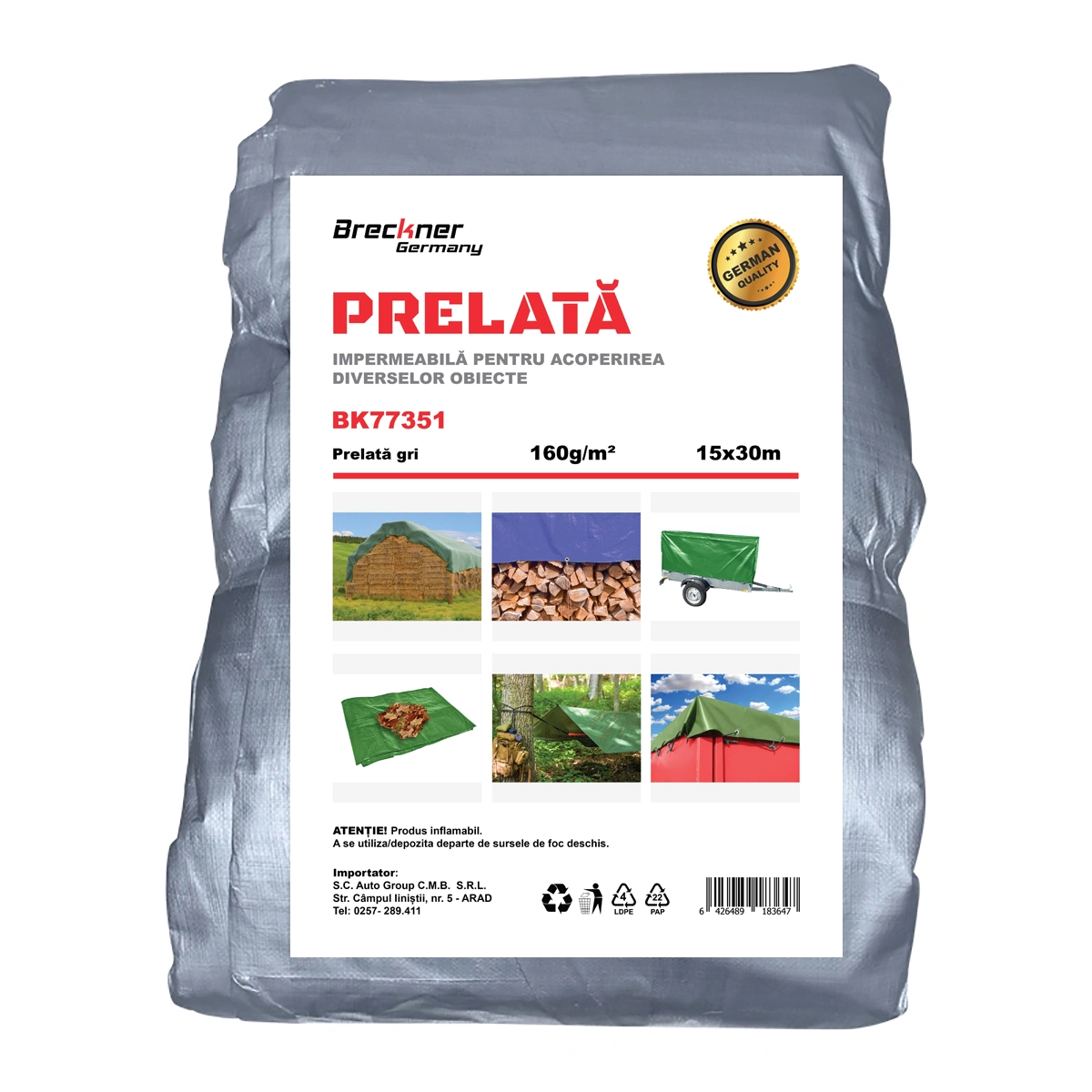 Prelate si accesorii - Prelata cu ochiuri de prindere 160g/m2 gri 15x30m Breckner Germany
