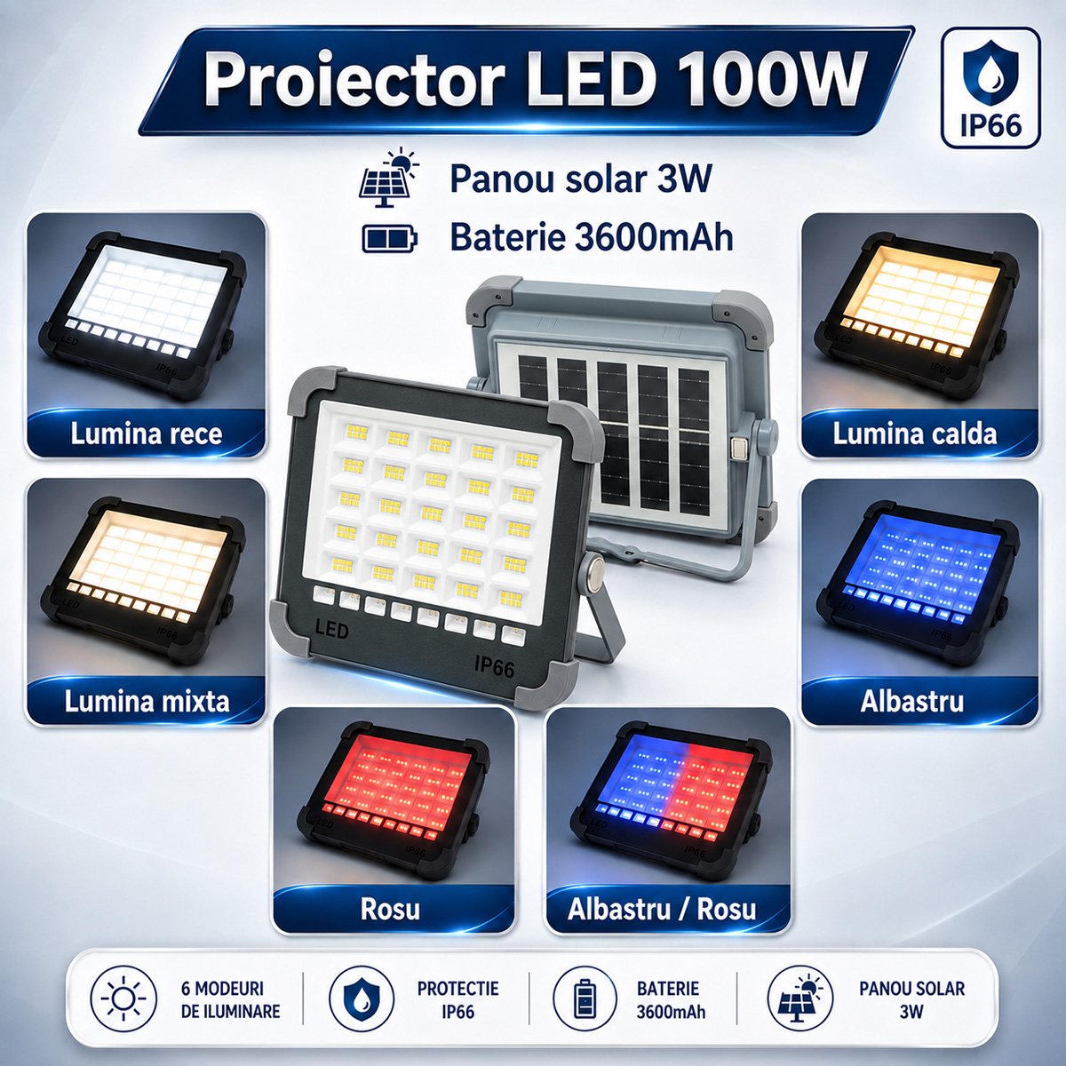 Proiector LED portabil 100 W cu panou solar 3 W Breckner Germany [8]