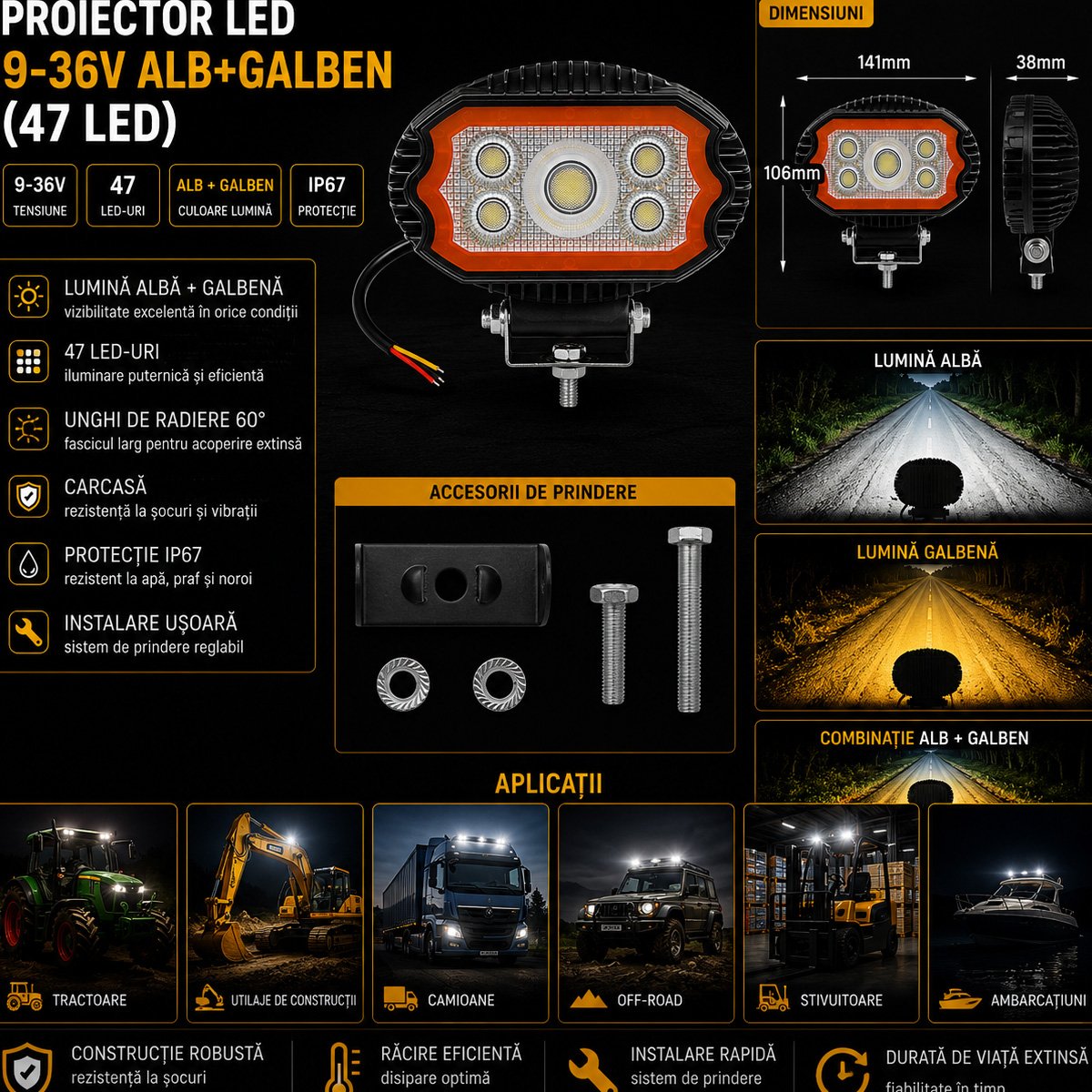 Proiector oval LED cu DRL 17W, 9-36V, 47 LED-uri, alb-galben, carcasa aluminiu 141x106x38mm, IP67 Breckner Germany [6]
