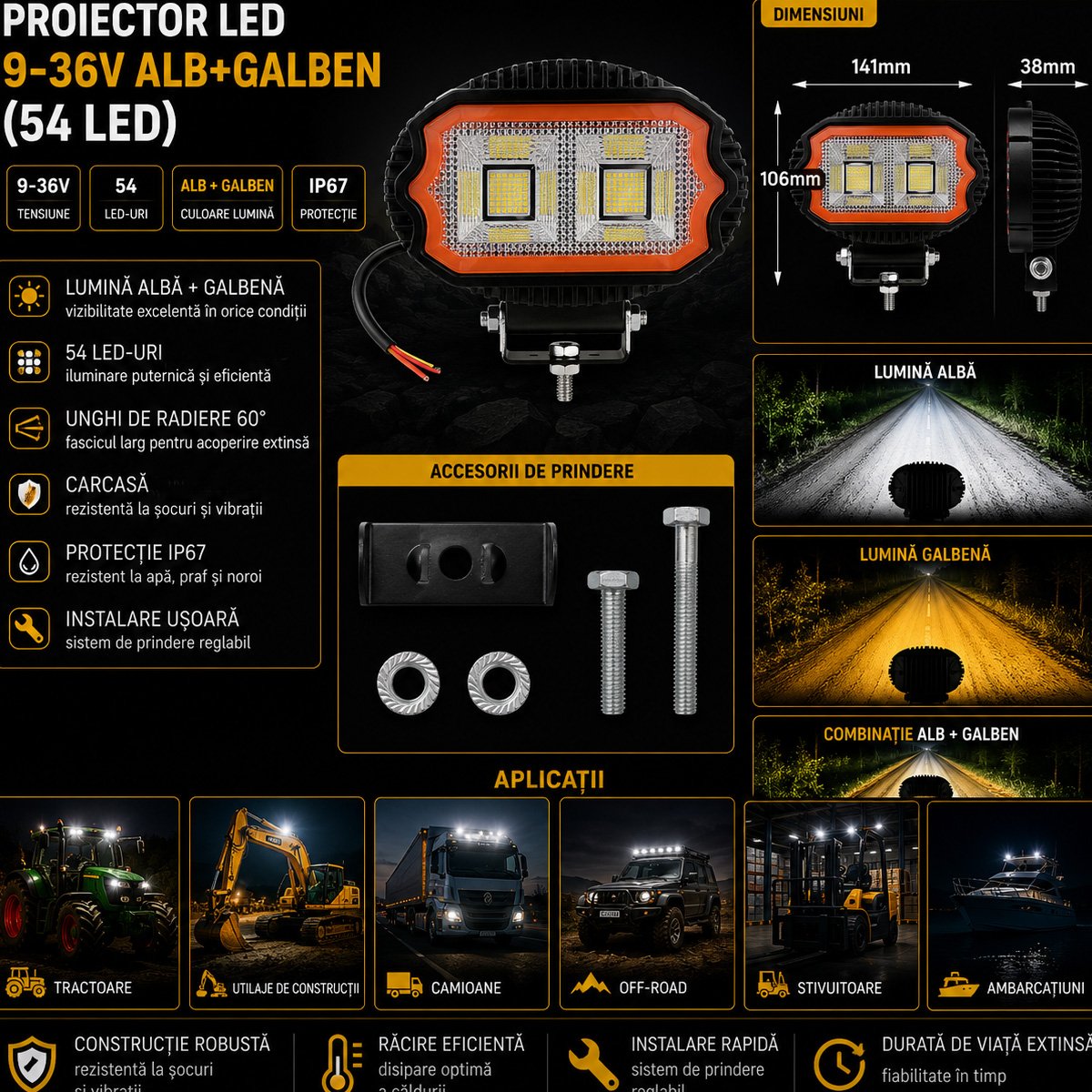 Proiector oval LED cu DRL 17W, 9-36V, 54 LED-uri, alb-galben, carcasa aluminiu 141x106x38mm, IP67 Breckner Germany [6]