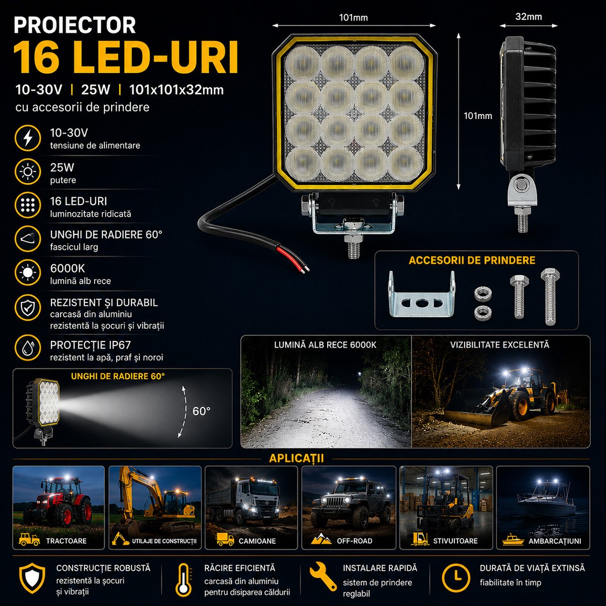 Proiector patrat LED 25W, 10-30V, 16 LED-uri, carcasa aluminiu 101x101x32mm Breckner Germany [4]